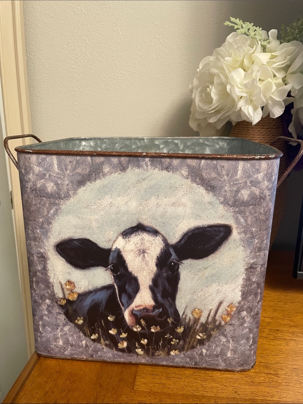 PRIMITIVES BY KATHY Rustic Farmhouse Galvanized Metal Storage Decorative Bin COW
